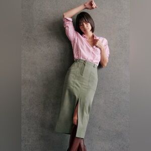 Sezane Nolane Midi Skirt Kaki Green